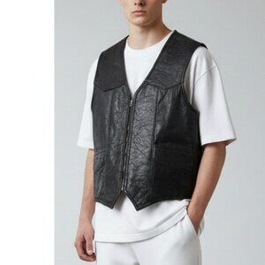 Black Shearling Sheepskin Leather Wool Biker Aviator Vest Jacket Men's 52 XL